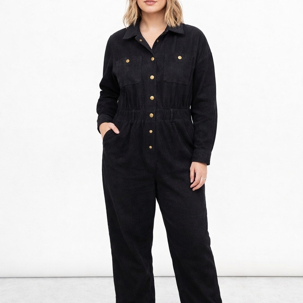 CISA Corduroy‎ Long Sleeve Utility Jumpsuit Snap Buttons Black Womens Size L